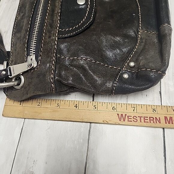 VINTAGE FOSSIL Brown Black Genuine Leather Crossbody Bag Boho-Grunge - Picture 6 of 15